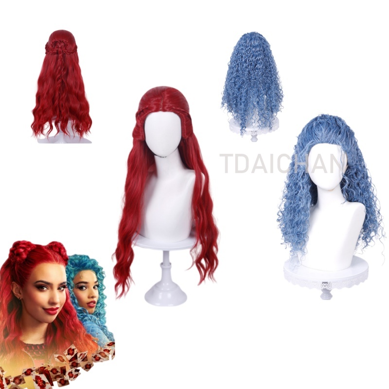 Anime Cosplay Blue Hair - Wig Cosplay Keriting Merah Gaya Rambut