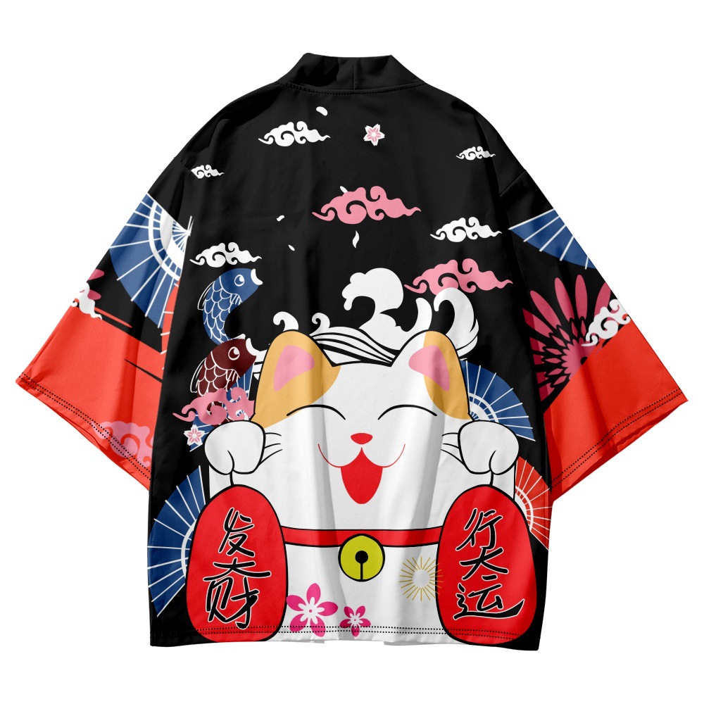 Asian Cosplay Anime - Yukata Cosplay Kucing Cetak Cardigan Samurai